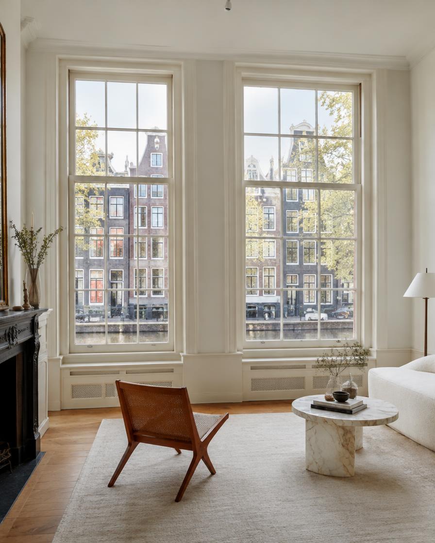 Lichte woonkamer met hoge ramen op de gracht (voorbeeld)