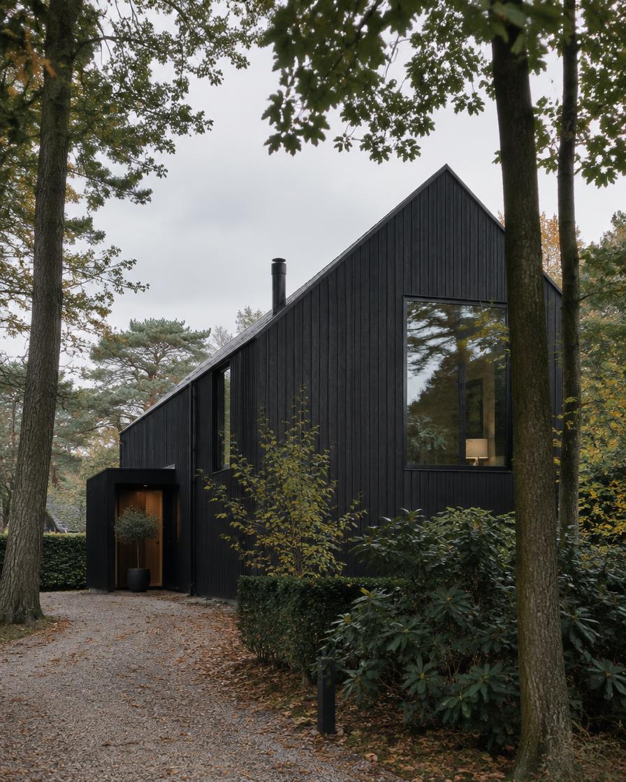 Zwarte houten woning tussen bomen (voorbeeld)